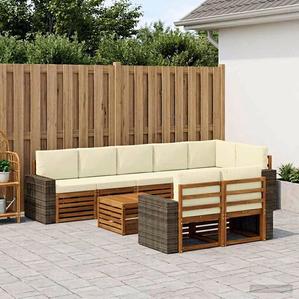 vidaXL Set di divani da esterno a L composto da 9 pezzi in legno di acacia con cuscini in poliestere beige e crema