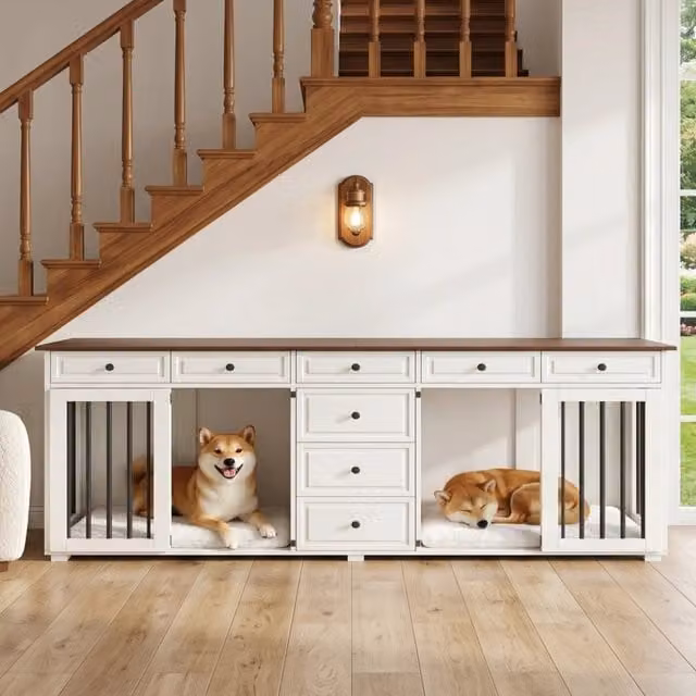 Mobile per cani WISHDOR con 8 cassetti in MDF e metallo, bianco e marrone, L: 200 cm, P: 60 cm, H: 85 cm