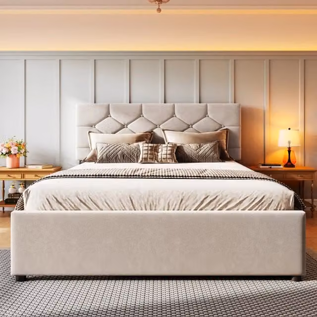 Letto imbottito in velluto beige 140×200 cm con rete a doghe e letto estraibile 90×190 cm, stile minimalista, senza materasso