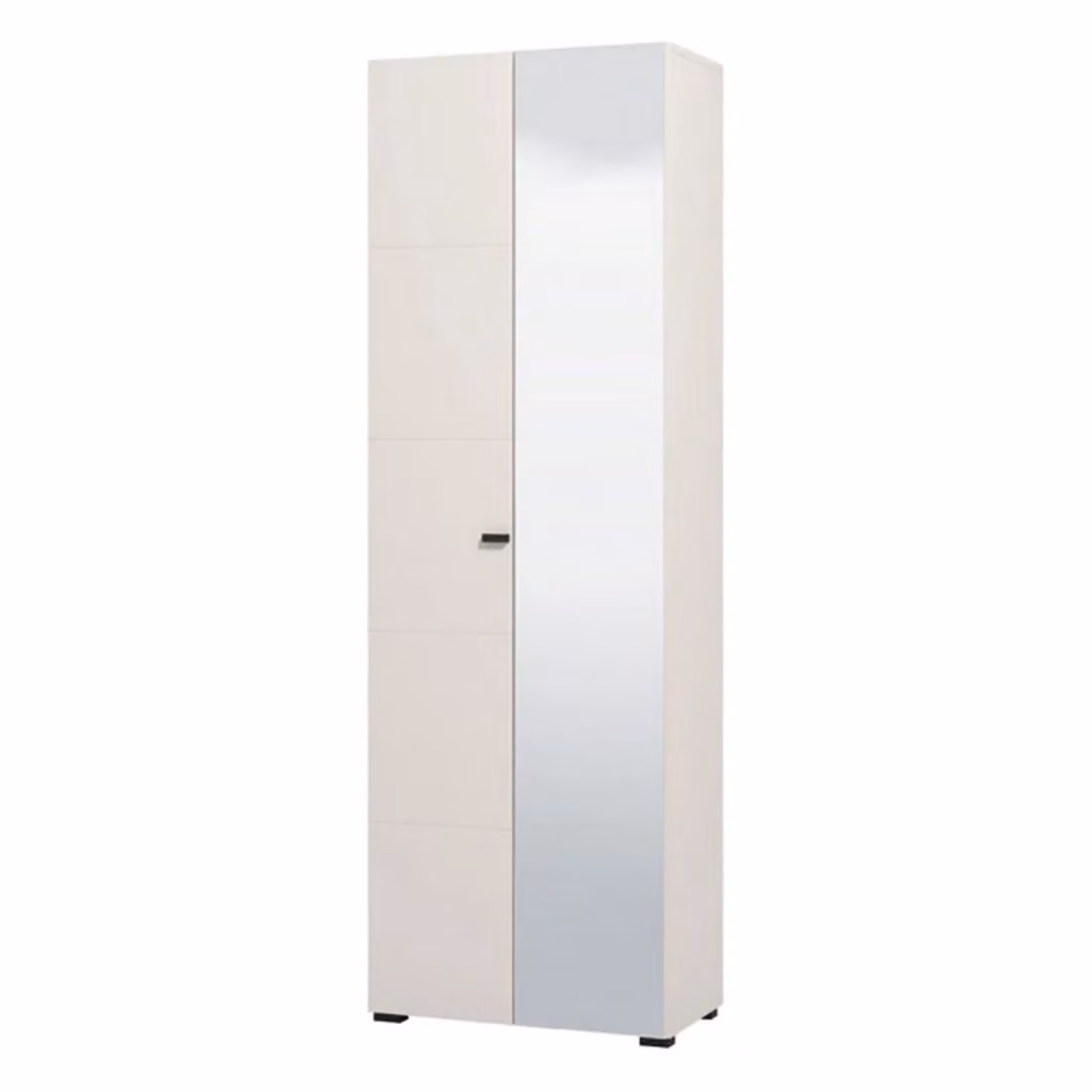 Armadio da camera da letto Azzano DMORA con 2 ante, appendiabiti, ripiani interni e specchio, Bianco, L: 64 cm, H: 194 cm – 2