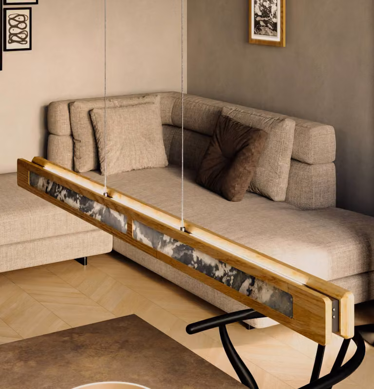 Elobra Lampada LED a sospensione Chile S, rovere/ardesia multicolore, lunghezza 114 cm dimmerabile, Legno chiaro, Soggiorno / Sala da pranzo, Legno