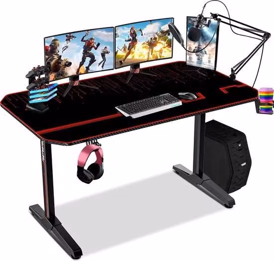 Scrivania da gaming 55 pollici, stazione di lavoro T per PC e console, scrivania da ufficio per gamer, stazione di lavoro da gaming professionale con tastiera e mouse completo, porta bottiglia e supporto per cuffie.