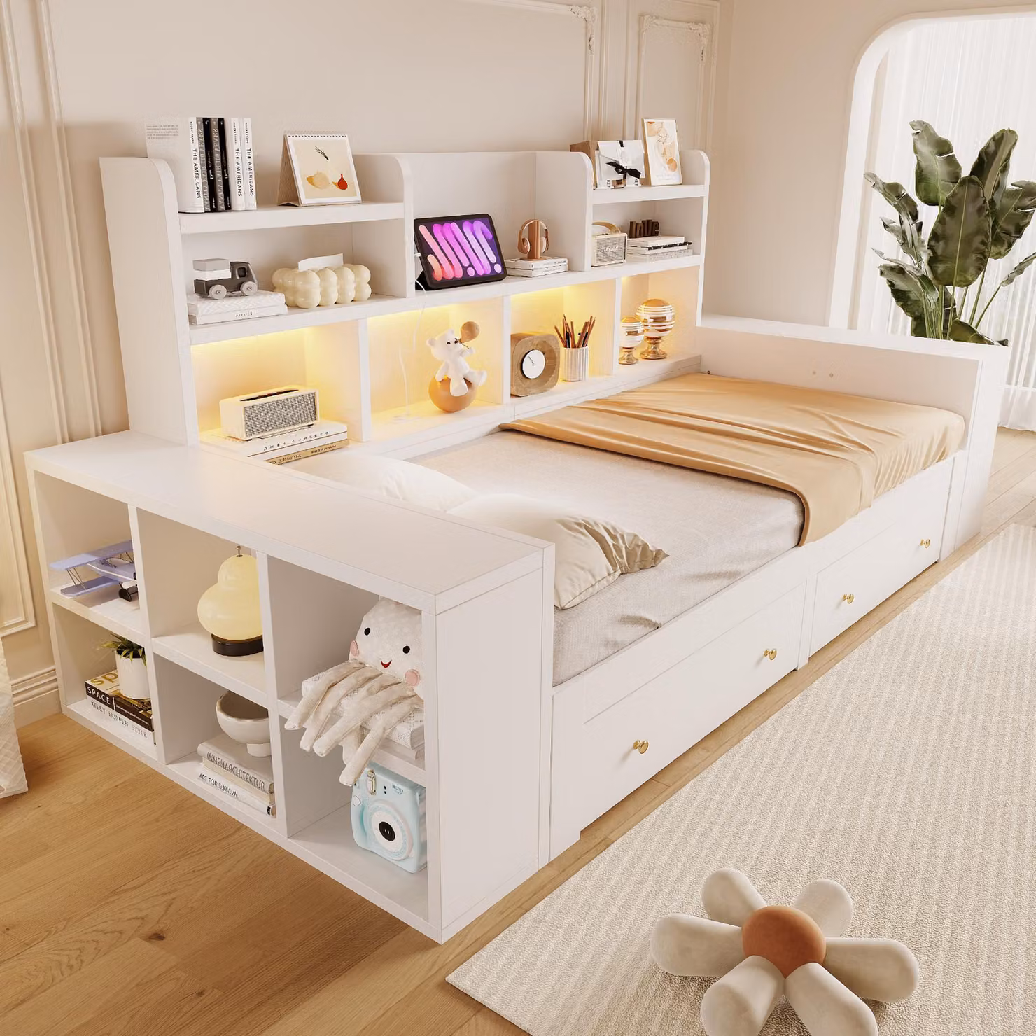 DIVANO LETTO MODFU, modello estraibile, 90/180 x 200 cm, divano letto giornaliero con spazio contenitivo, letto giornaliero multifunzionale con LED, letto per ragazzi con cassetti, senza materasso, colore bianco