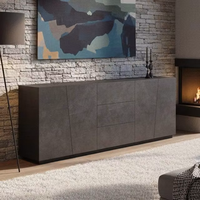 Credenza moderna a 4 ante e 3 Ayrton, Made in Italy, Madia da cucina, Buffet di design da soggiorno, cm 220x43h86, Grigio Cenere
