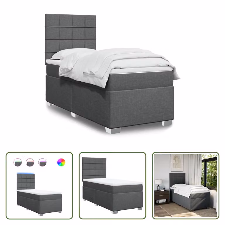 The Living Store Letto a molle con materasso grigio scuro 90x190 cm in tessuto