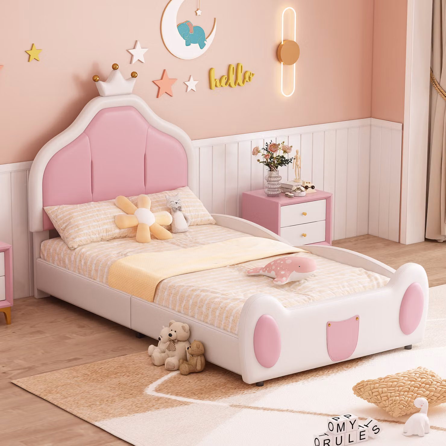 Flieks letto per bambini imbottito 90x200cm con testata a forma di , letto singolo letto in legno divano letto con rete a doghe, letto a terra divano letto, PU, bianco