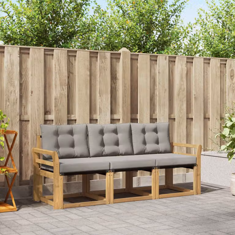 Set di divani da esterno vidaXL 3 pz in legno di acacia con cuscini bianchi e grigi