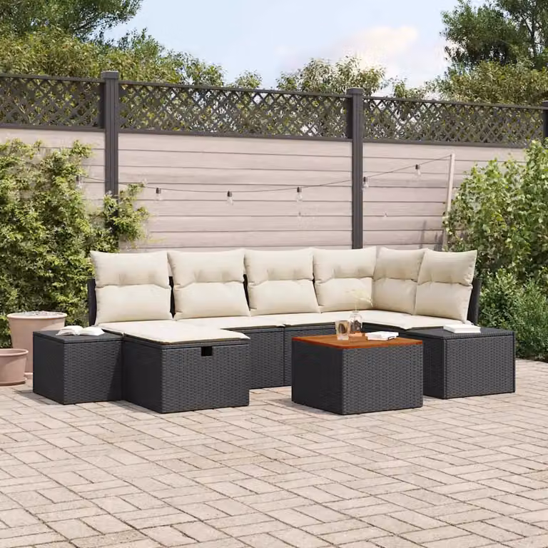 Set Divano da Giardino Moderno vidaXL a Forma a L in Polyrattan Nero con Cuscini e Tavolino da 7 Pezzi