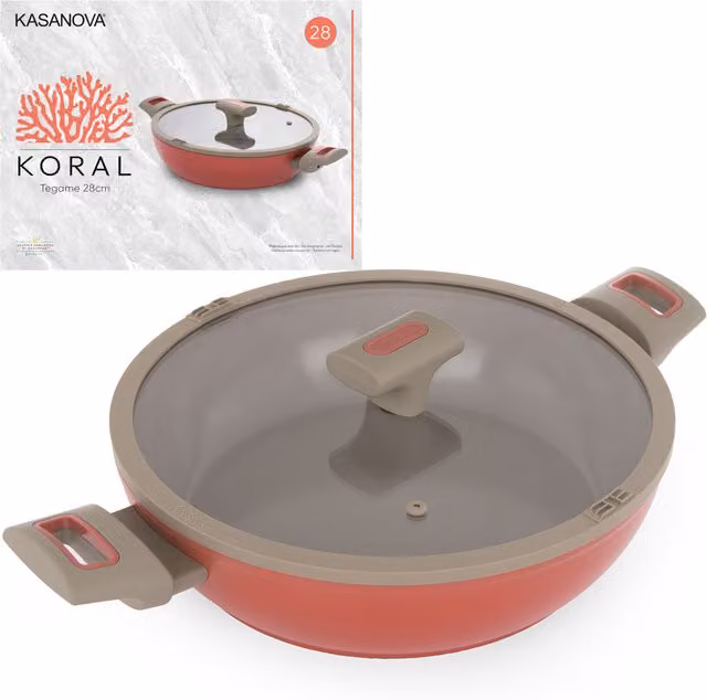 Tegame Kasanova Koral con coperchio in vetro, antiaderente in ceramica, arancione e rosso, diametro 28 cm