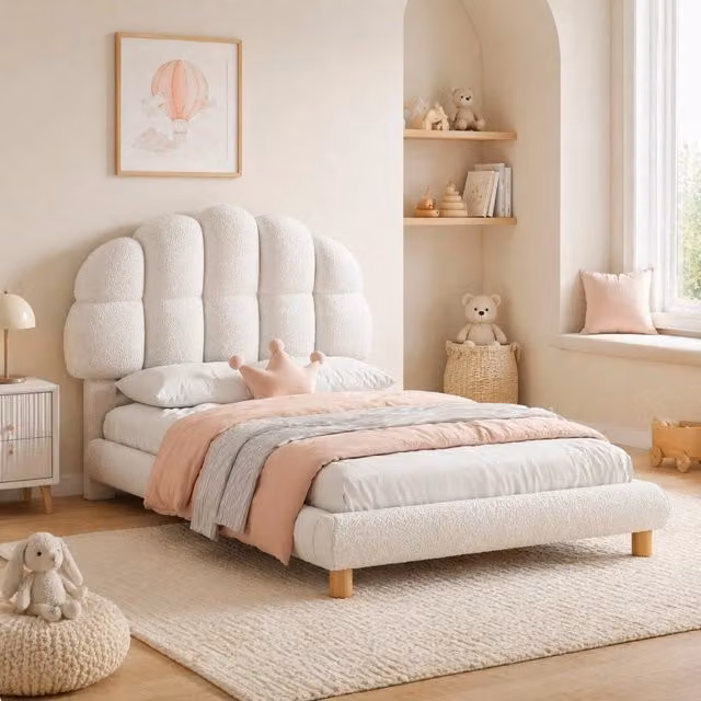 Letto singolo imbottito per bambini e ragazzi 90x200 cm con rete a doghe in legno, colore bianco