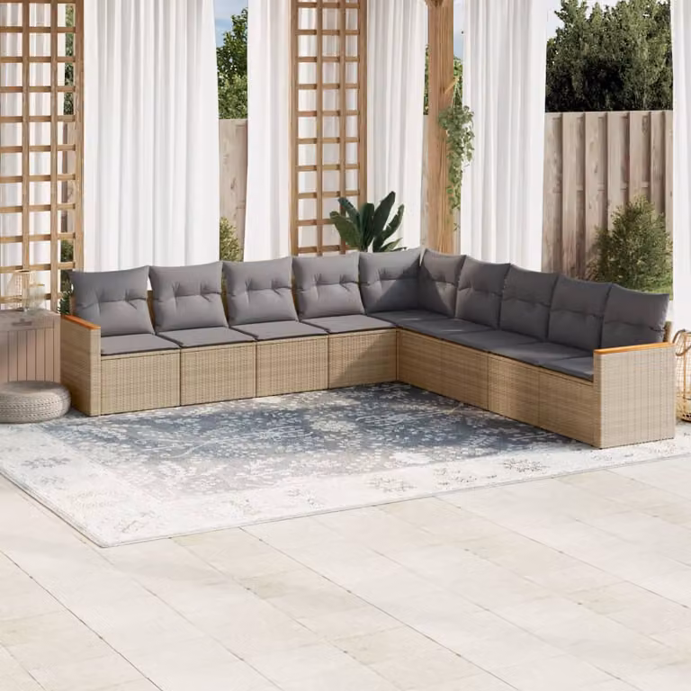 vidaXL Set Divano da Giardino a L 9 pz in Polyrattan con Cuscini Beige e Rivestimenti Rimovibili
