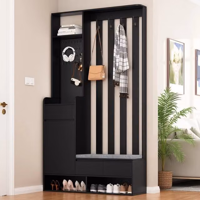 Mobile da ingresso con panca imbottita pannello forato 4 ganci cassetto e vani aperti in MDF nero 100 × 35 × 180 cm