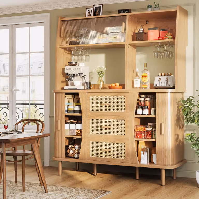 MODFU: mobile da cucina con effetto rattan e ante scorrevoli in vetro, mobile alto con ripiani aperti, mobile multiuso, credenza con cassetti, mobile contenitore, color legno