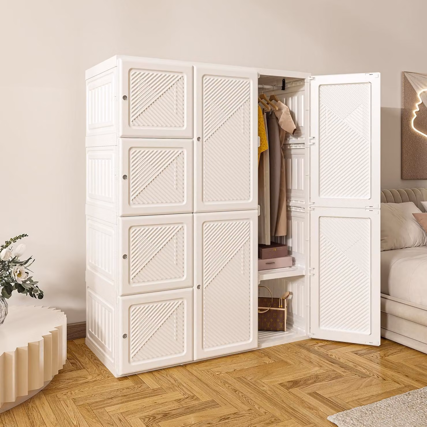 Armadio pieghevole, dimensioni 69x170x50 cm, trasparente, con asta appendiabiti e 6 scomparti