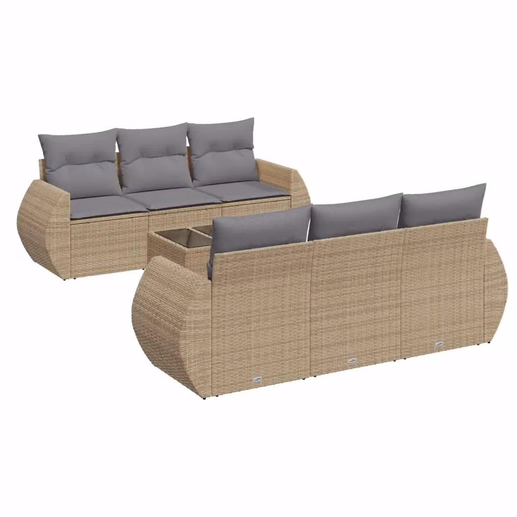 vidaXL Set Divani da Giardino 7 pz in Polyrattan con Cuscini Beige e Tavolino da Esterno – 2