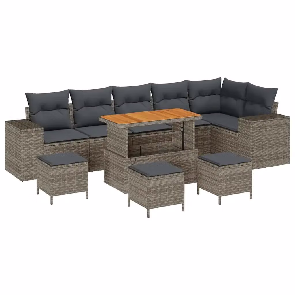 vidaXL Set Divano da Giardino a L con 10 Pezzi Grigio, Polyrattan e Acciaio con Cuscini e Tavolino – 2
