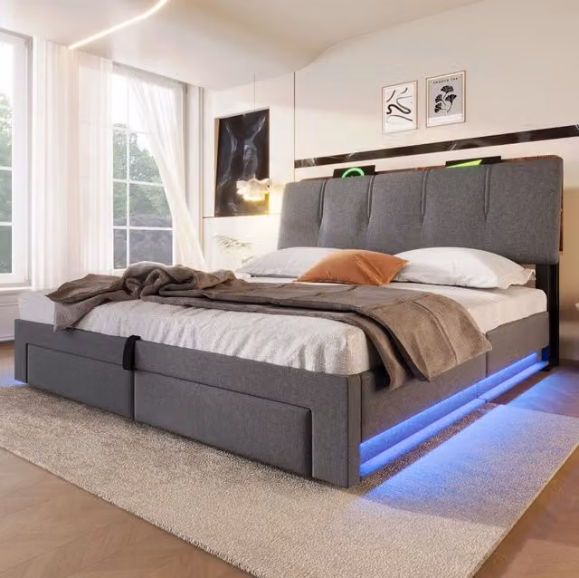 Letto imbottito 140x200 cm grigio con contenitore idraulico, LED e USB-C