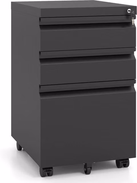 Cassettiera da ufficio in acciaio con 3 cassetti e serratura, mobiletto porta documenti e stampante con ruote, nero opaco