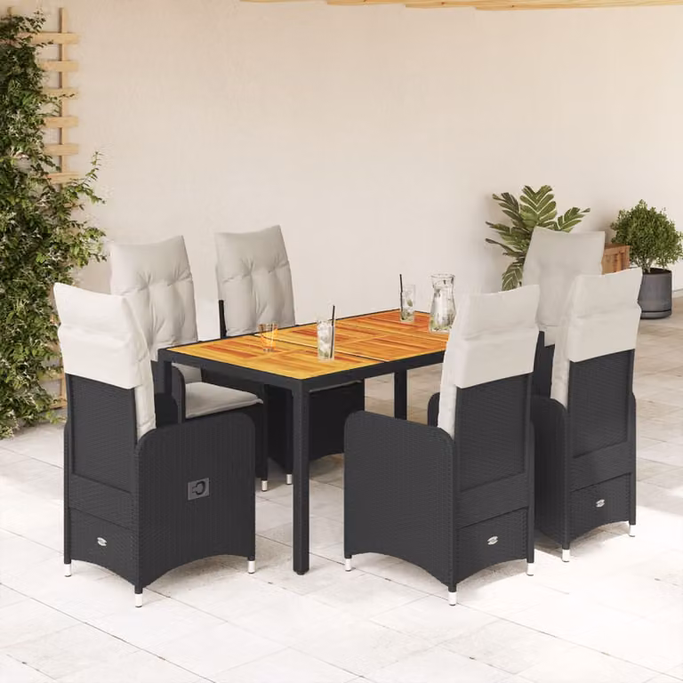 Set da Bistrò da Giardino vidaXL 7 pz in Polyrattan e Legno di Acacia con Cuscini Nero