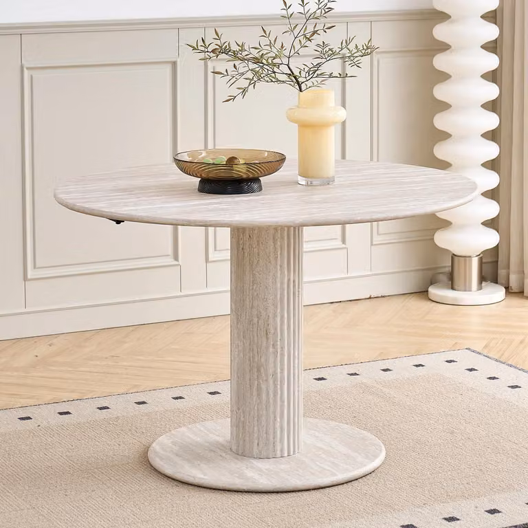 Tavolo rotondo da pranzo - 115 cm di diametro - Piano in vetro - Struttura in legno - Adatto per 4 persone - Stile moderno e minimalista - Aspetto del legno grigio