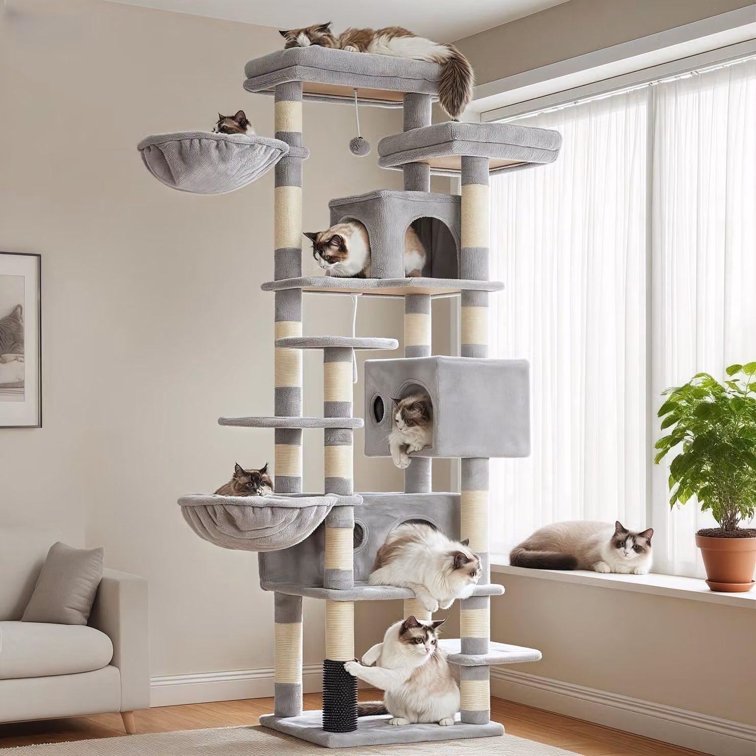 Albero per gatti XXL, alto 188 cm, con 2 grandi piattaforme, 3 rifugi, 2 ceste, pali in sisal per grattare, ideale per gatti