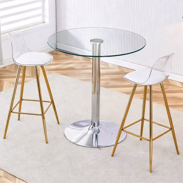 Set Bar Flessibile: Tavolo Rotondo in Vetro Trasparente Ø89 cm + 2 Sgabelli da Bar con Gambe Color Oro, Salvaspazio e Versatile
