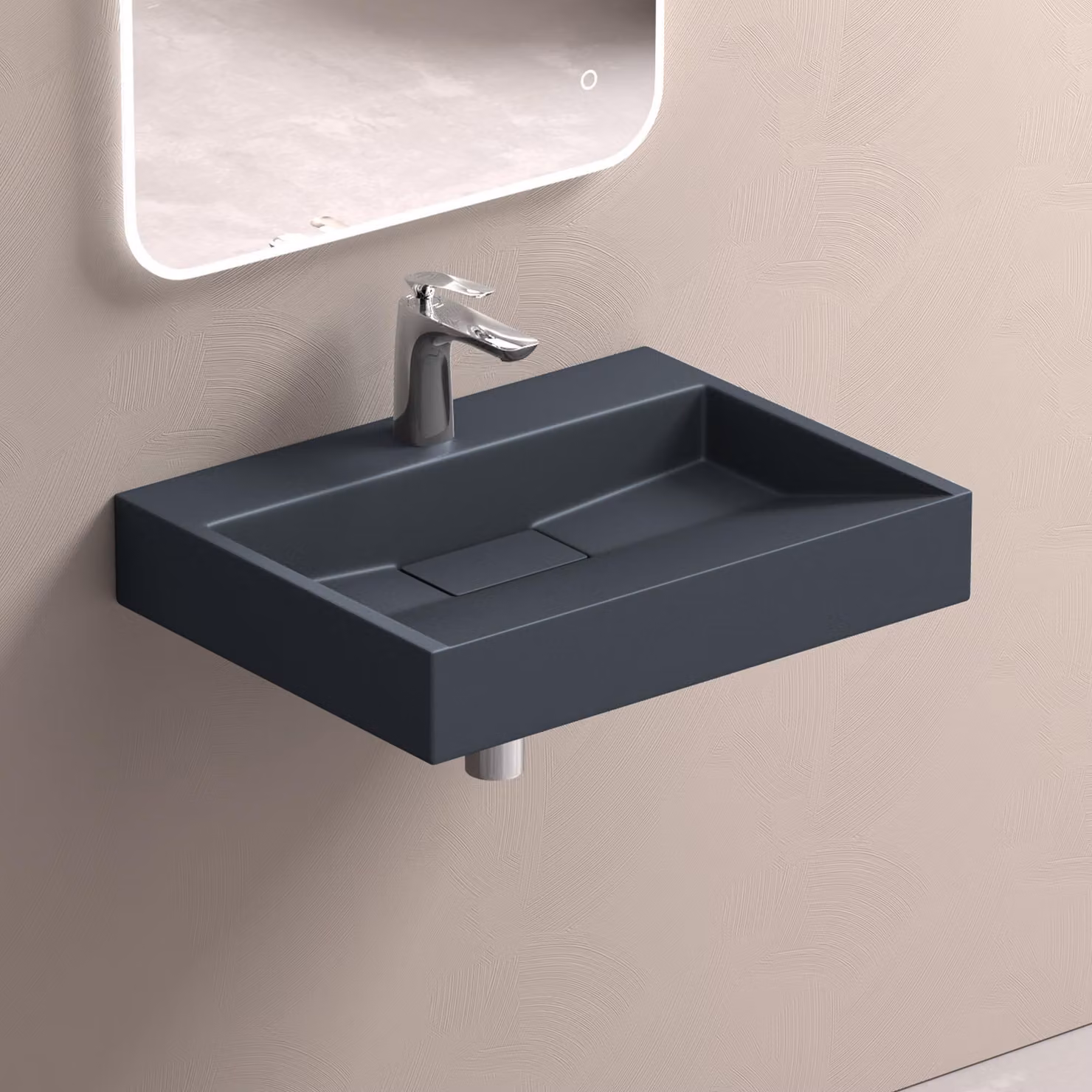 doporro Lavabo da Appoggio Bagno Sospeso Lavandino Rettangolare in Marmoresina con Piletta di Scarico Inclusa Colossum19, 50x38x11 cm Antracite Opaco Monoforo