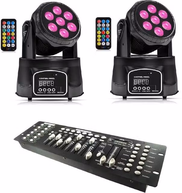 Coppia di teste rotanti Led rgbw con telecomando e mixer 192 canali luci disco mini wash