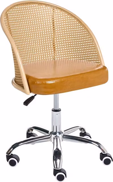 Sedia da ufficio Beliani IT in ecopelle marrone con schienale in rattan, girevole a 360 gradi e regolabile in altezza, senza braccioli