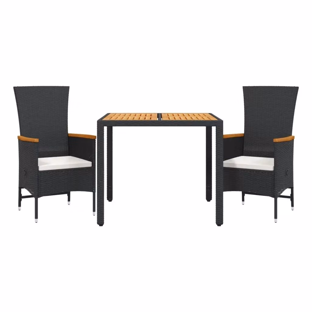 Set da Pranzo da Giardino 3 pz vidaXL in Legno di Acacia e Polyrattan Nero con Cuscini – 2