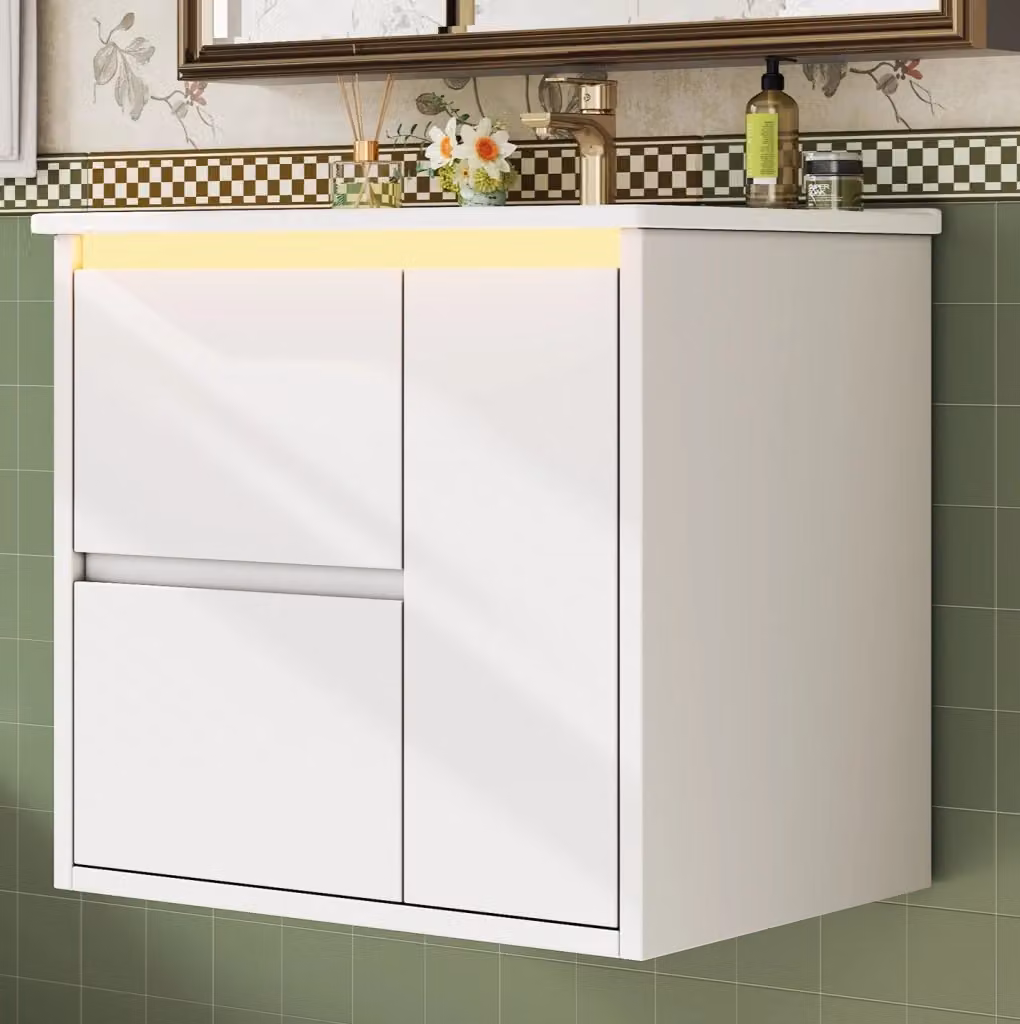 Mobile lavabo sospeso bianco moderno con vasca in ceramica, illuminazione LED a sensore e cassetti con chiusura soft-close, L: 60 cm, P: 46,5 cm, H: 57 cm – 2