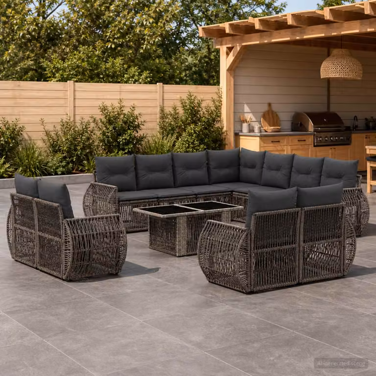 Set Divano da Giardino vidaXL 12 pz a forma a U in Polyrattan Grigio con Tavolino e Cuscini