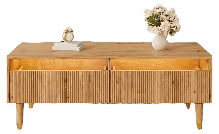 Tavolino – Tavolino da soggiorno con due cassetti – Materiale composito resistente – Colore beige naturale – Design salvaspazio