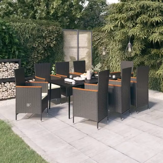Set da pranzo da giardino vidaXL in rattan e legno di acacia con piano in vetro, 9 pezzi, nero e bianco – 1
