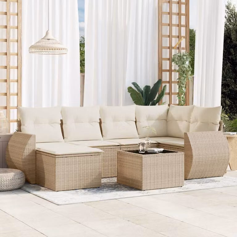 vidaXL Set Divani da Giardino 7 pz con Cuscini Beige e Tavolino in Polyrattan e Metallo