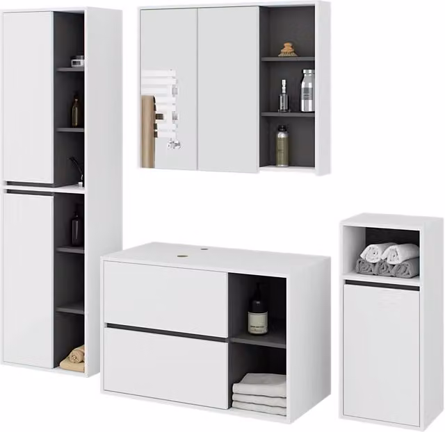 Set di mobili da bagno sospesi VAMI in Bianco con interno Grigio Grafite con fori per lavabo da appoggio