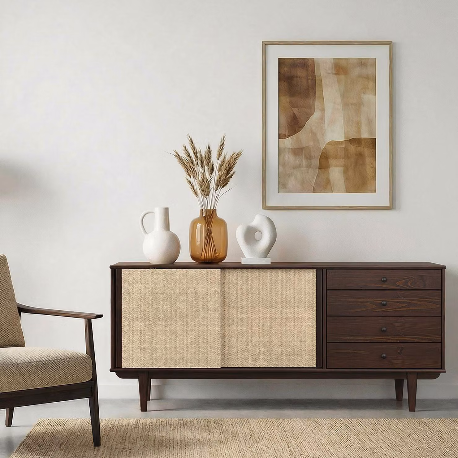 Credenza SIMONA con intreccio in rattan 175 cm, effetto noce – 4 cassetti e 2 ante scorrevoli, comò da ingresso con ripiano, soggiorno