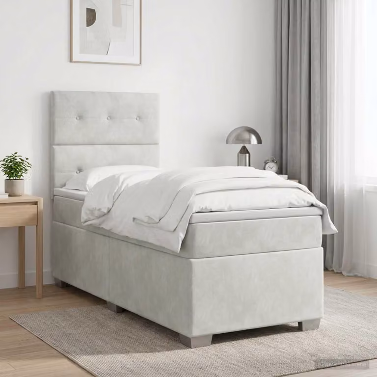 Letto a molle con materasso e testiera, colore grigio chiaro, singola, rivestito in velluto