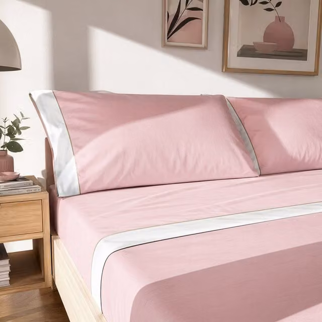 Completo letto matrimoniale cotone bordato rosa