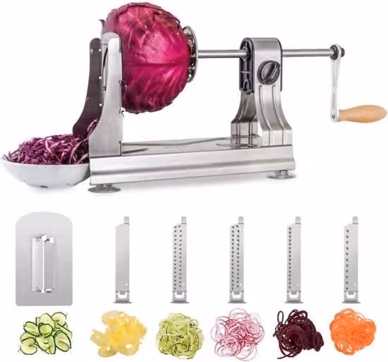 Spiralizzatore WellToBe in acciaio inossidabile color argento con 6 lame e 4 morsetti per tagliare verdure come carote, cetrioli e zucchine
