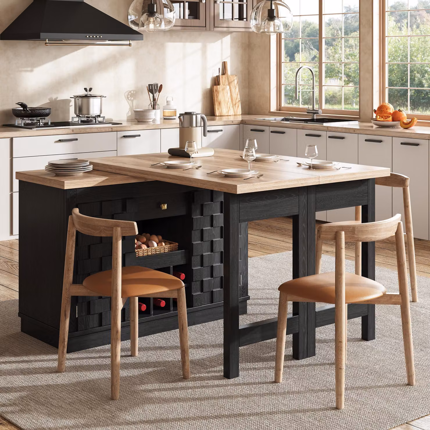 Tavolo da pranzo girevole a 360°, estendibile, con ante a patchwork, tavolo da pranzo con ripiano estraibile per bottiglie di vino e cassetti, tavolo da cucina, nero