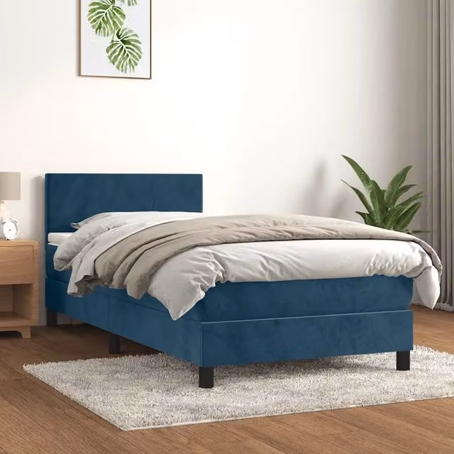 Letto con Giroletto a Molle e Materasso Ibrido vidaXL in Velluto Blu Scuro e Bianco L/P/H: 193 x 90 x 78 cm