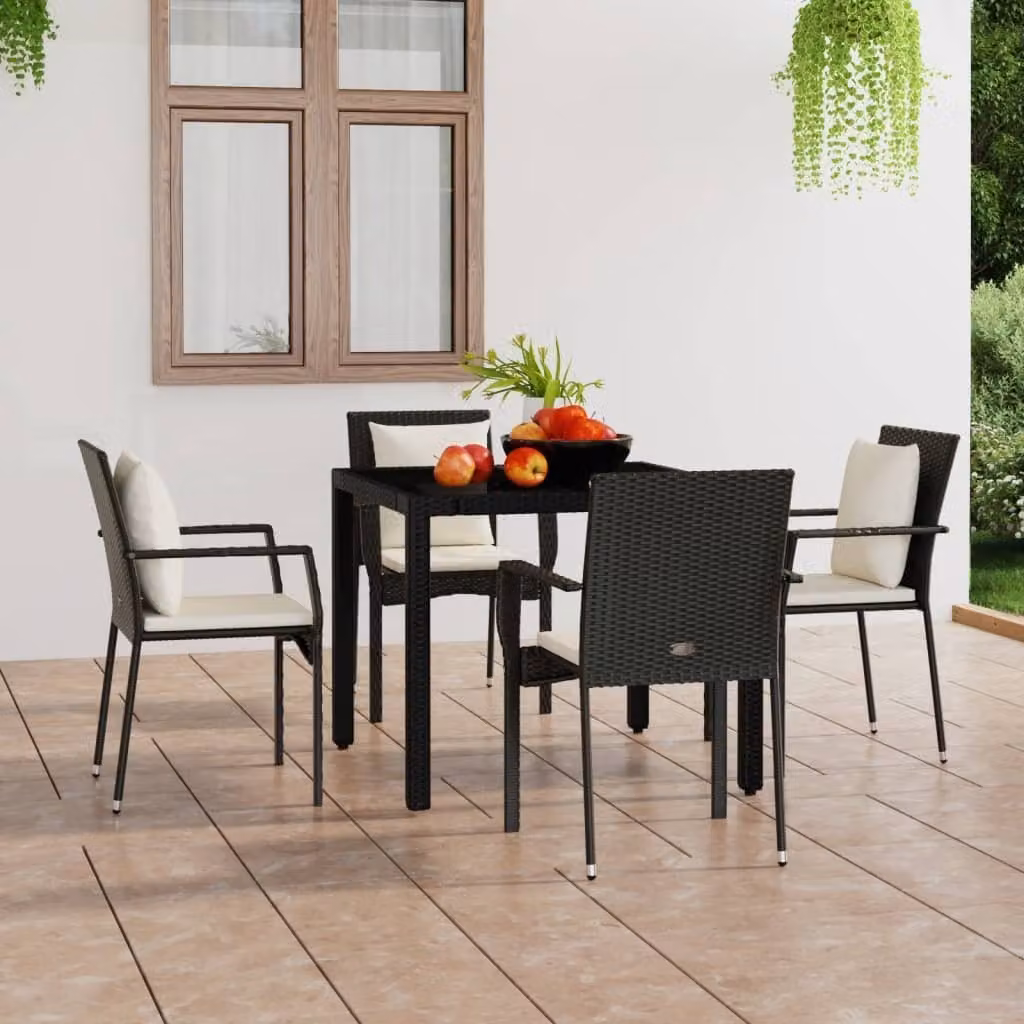 The Living Store Sedie da giardino con cuscino 4 pz. Poli Rattan Nero