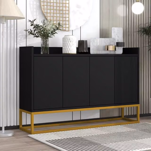 Sideboard moderno minimalista nero, 4 ante senza maniglie per soggiorno, sala da pranzo e cucina