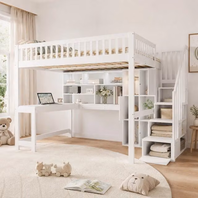 Letto a soppalco 140x200 cm in legno di pino e MDF con luci LED, scaletta con ripiani, scrivania integrata, bianco, senza materasso
