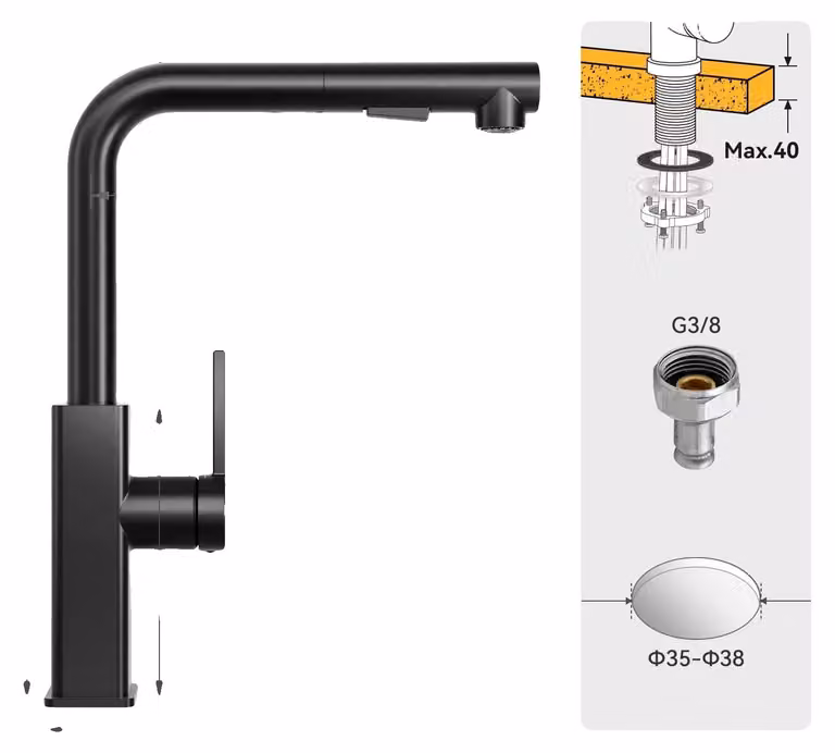 Rubinetto da cucina, con doccetta estraibile, realizzato in acciaio inossidabile resistente, finitura nera opaca, attacco G3/8