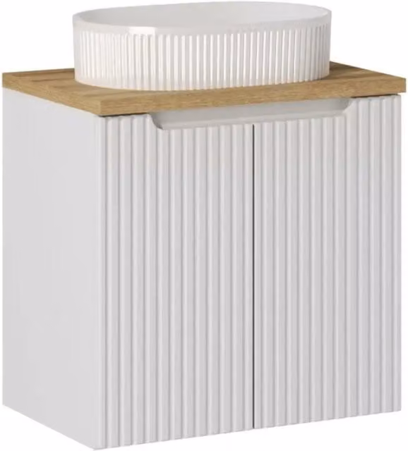 Insieme VANO bianco 60cm: mobile sotto lavabo con armadietti + piano per lavabo in rovere chiaro + lavabo da appoggio scanalato bianco
