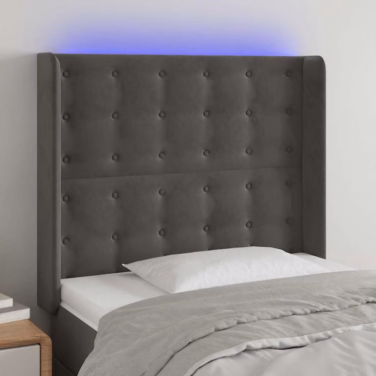 Testiera per letto vidaXL in velluto grigio con illuminazione LED e porta di ricarica USB, L: 83 cm, P: 16 cm, H: 118-128 cm
