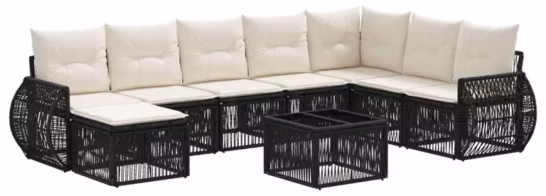 Set Divano da Giardino 9 pcs Nero e Bianco Crema polyrattan