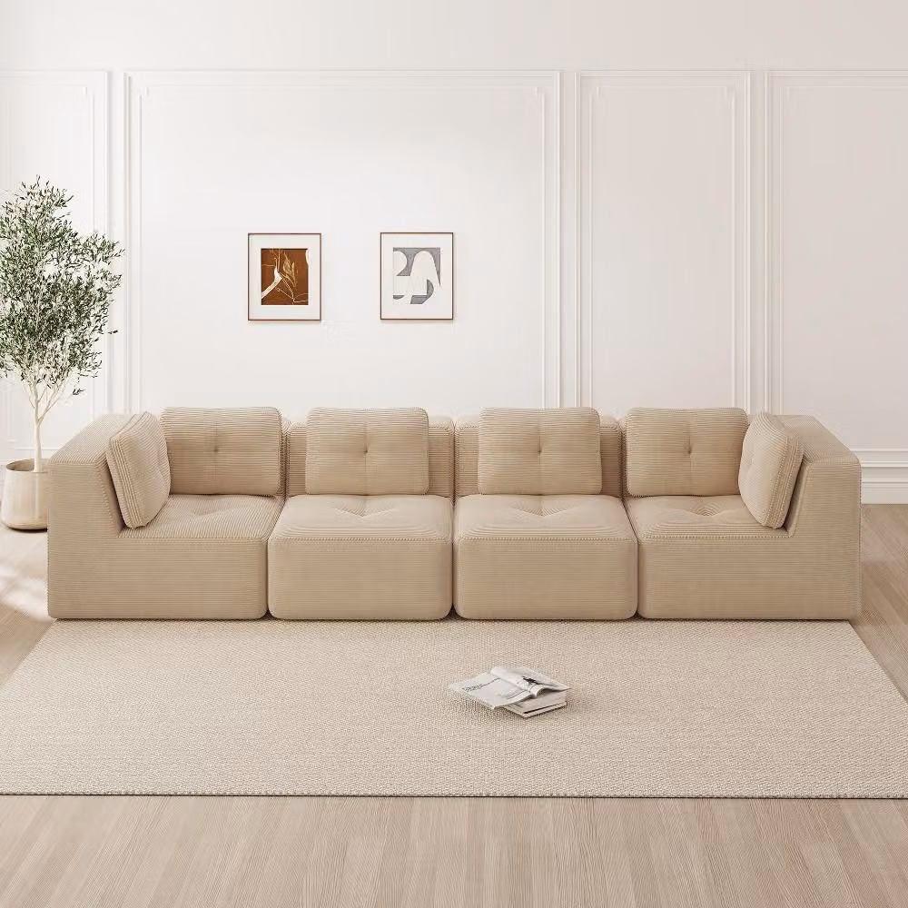 Divano da soggiorno modulare a quattro posti, rivestito in corda, angolare, color beige, con seduta profonda, design antiscivolo, da montare, dimensioni 386x104x69 cm